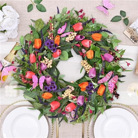 22in Spring Wreath, Spring Summer Wreaths for Front Door, Tulip Wreath - Picture 2 of 7